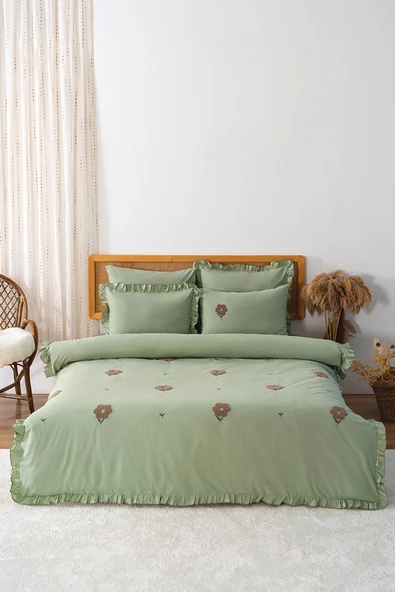 Rivaİstanbul Florita Yeşil Çift Kişilik Nakışlı Nevresim Takımı %100 Pamuklu - Resim 4