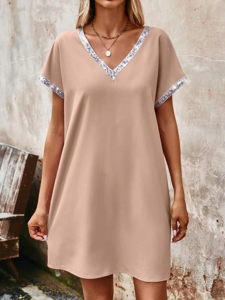 Kadın Yaka Ve Kol Pul Payet şeritli Ithal Krep Elbise - Resim 3