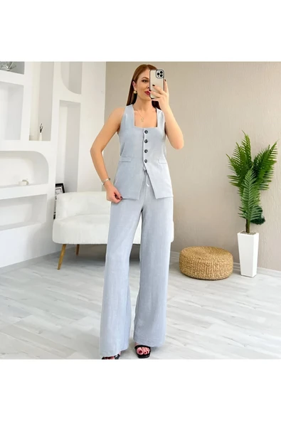Tıfany Gri Keten Kumaş Astarlı Yelek Lastikli Yüksek Bel Palazzo Pantolon Takım TIFANY-4342