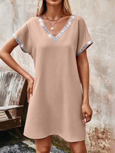 Kadın Yaka Ve Kol Pul Payet şeritli Ithal Krep Elbise - Resim 2