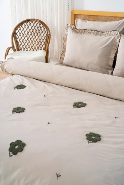 Rivaİstanbul Florita Cappuccino Çift Kişilik Nakışlı Nevresim Takımı & Çeyiz Seti %100 Pamuklu - Resim 4