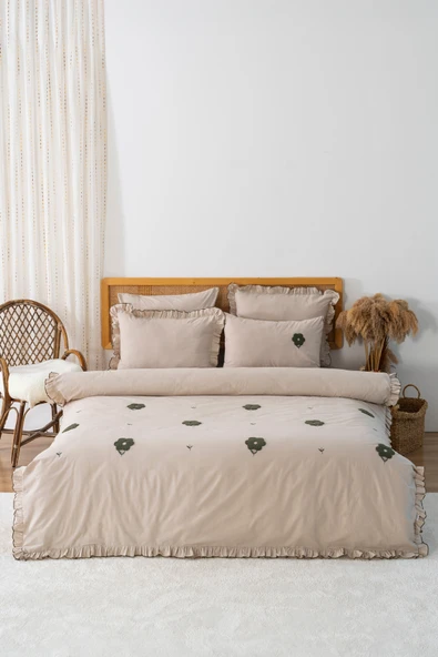 Rivaİstanbul Florita Cappuccino Çift Kişilik Nakışlı Nevresim Takımı & Çeyiz Seti %100 Pamuklu - Resim 2