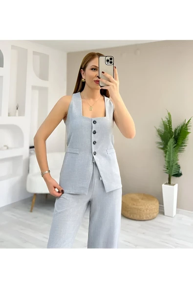 Tıfany Gri Keten Kumaş Astarlı Yelek Lastikli Yüksek Bel Palazzo Pantolon Takım TIFANY-4342 - 3