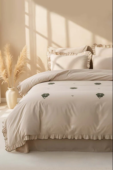 Rivaİstanbul Florita Cappuccino Çift Kişilik Nakışlı Nevresim Takımı & Çeyiz Seti %100 Pamuklu ürün görseli 1