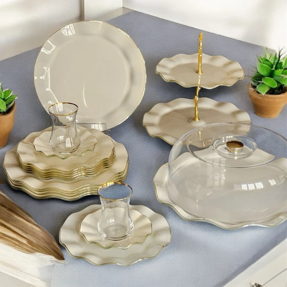 34 Parça 6 Kişilik Krem Surf Gold Altın Yaldızlı Çay Servis İkram Takımı - 2