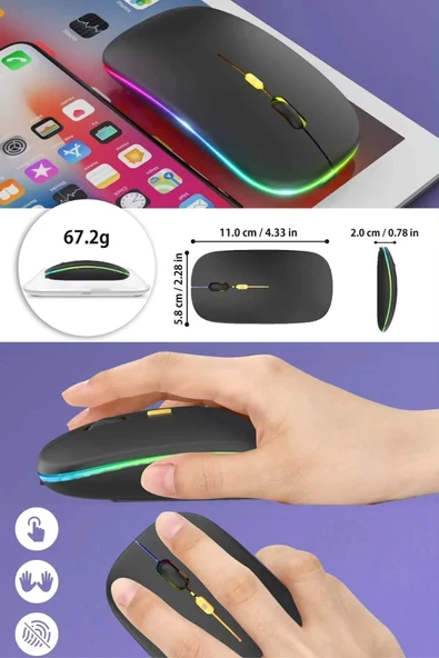 Tiffany Siyah Kablosuz Wireless 2.4g Bluetooth Sessiz Mouse Şarj Edilebilir Rgb Renkli Ergonomik Tasarımlı - 2