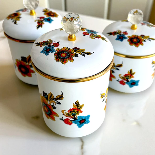 Glore Lorena Beyaz Emaye 3'lü Kavanoz - Baharatlık Takımı - Resim 5