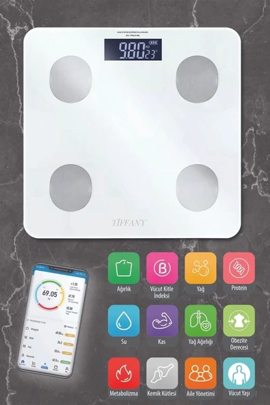 Tiffany Akıllı Bluetooth Dijital Baskül - Yağ Ölçer - Vücut Analizi