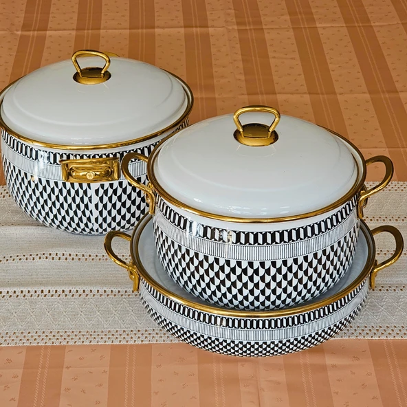 Glore Destina 6 Parça Büyük Emaye Tencere Takımı 28cm - 26cm - 24cm - 3