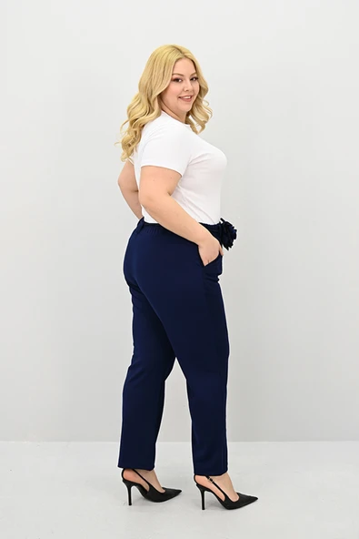 Kadın Büyük Beden Gül Kemer Detaylı Yüksek Bel Pantolon 6327-25