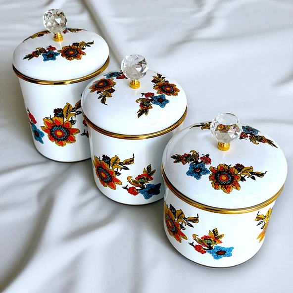 Glore Lorena Beyaz Emaye 3'lü Kavanoz - Baharatlık Takımı - Resim 2