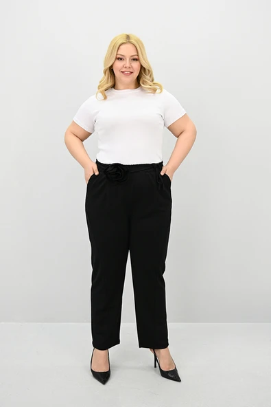 Kadın Büyük Beden Gül Kemer Detaylı Yüksek Bel Pantolon 6327-25 - 3