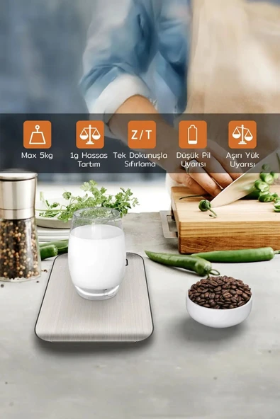 Lumisa Home Platin Mutfak Terazisİ Paslanmaz Çelik Yüzeyli Hassas Mutfak Tartısı Lcd Ekranlı 5 Kg Pil Hediyeli - 3