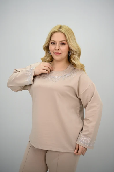 Kadın Büyük Beden Taş Baskı Detaylı Yüksek Bel Eşofman Takımı 8175-25