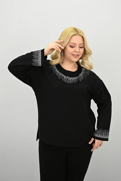 Kadın Büyük Beden Taş Baskı Detaylı Yüksek Bel Eşofman Takımı 8175-25 - 8