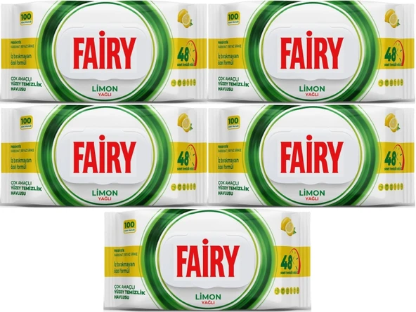 Fairy Yüzey Temizlik Havlusu 100 Yaprak Limon Yağlı - Beyaz Sirke - Karbonat (5 Li Set) 500 Yaprak