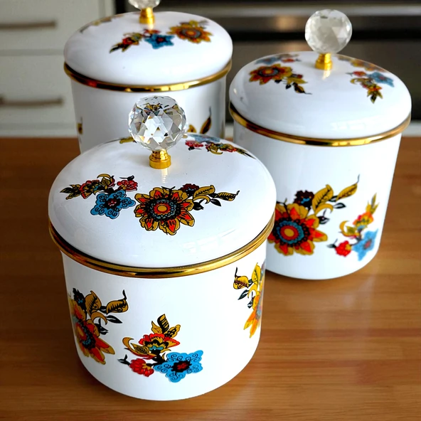 Glore Lorena Beyaz Emaye 3'lü Kavanoz - Baharatlık Takımı ürün görseli 1