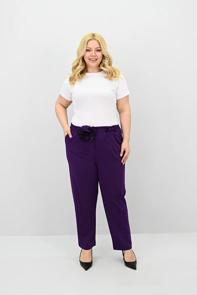 Kadın Büyük Beden Gül Kemer Detaylı Yüksek Bel Pantolon 6327-25 - 9
