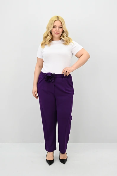 Kadın Büyük Beden Gül Kemer Detaylı Yüksek Bel Pantolon 6327-25 - 12