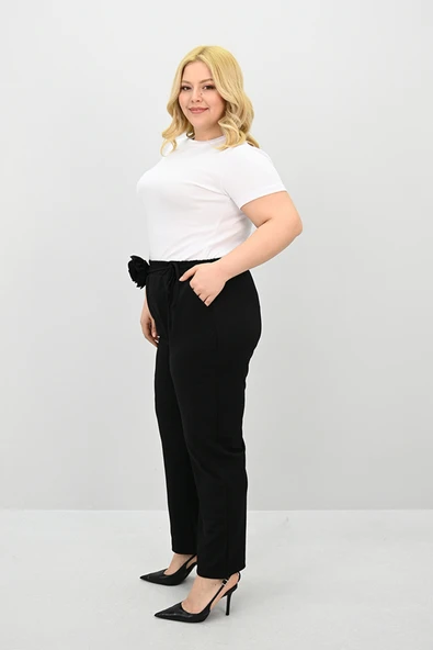 Kadın Büyük Beden Gül Kemer Detaylı Yüksek Bel Pantolon 6327-25 - 6