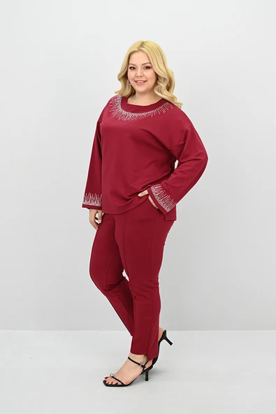 Kadın Büyük Beden Taş Baskı Detaylı Yüksek Bel Eşofman Takımı 8175-25 - 12