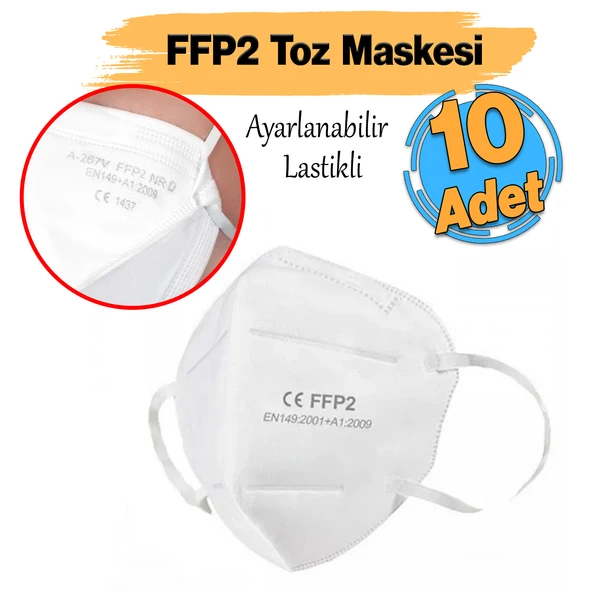 FFP2 Katlanır Ventilsiz Toz Maskesi 10 Adet en:1492001+A1:2009 Koruma Lastikli Tek Kullanımlık