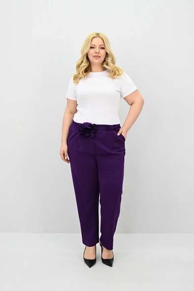 Kadın Büyük Beden Gül Kemer Detaylı Yüksek Bel Pantolon 6327-25 - 2