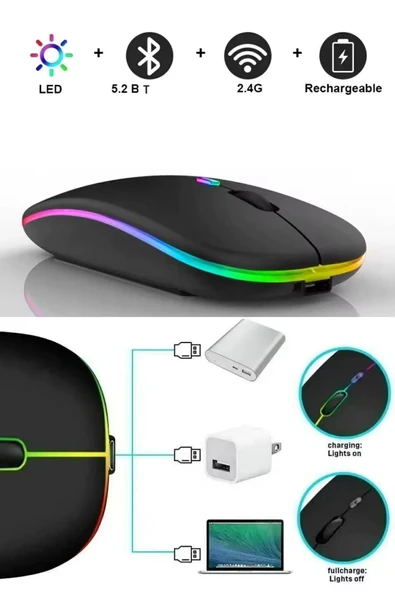Tiffany Siyah Kablosuz Wireless 2.4g Bluetooth Sessiz Mouse Şarj Edilebilir Rgb Renkli Ergonomik Tasarımlı - 3
