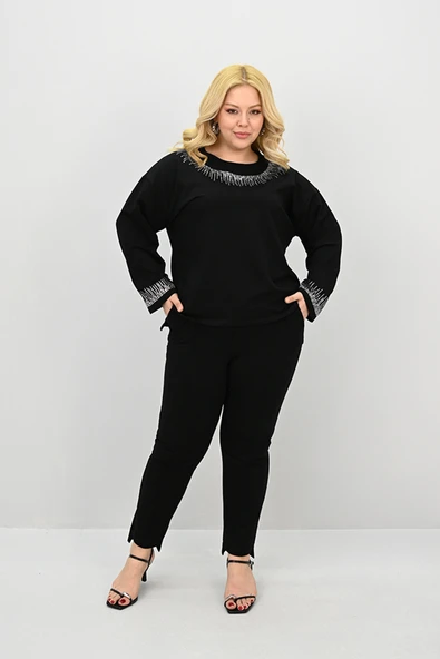 Kadın Büyük Beden Taş Baskı Detaylı Yüksek Bel Eşofman Takımı 8175-25 - 4