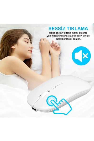 Tiffany Beyaz Kablosuz Wireless 2.4g Bluetooth Sessiz Mouse Şarj Edilebilir Rgb Renkli Ergonomik Tasarımlı - 2