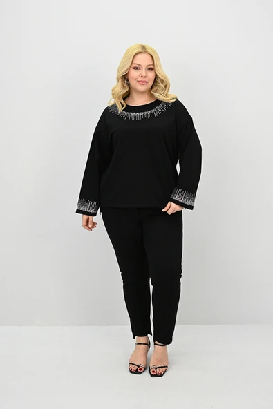 Kadın Büyük Beden Taş Baskı Detaylı Yüksek Bel Eşofman Takımı 8175-25 - 5