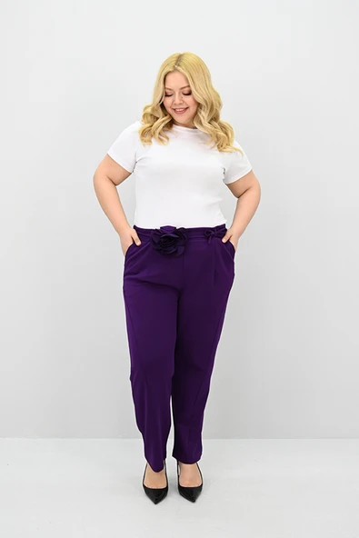 Kadın Büyük Beden Gül Kemer Detaylı Yüksek Bel Pantolon 6327-25 - 11