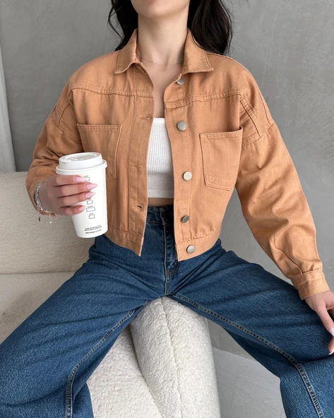 Çift Cep Crop Denim Ceket