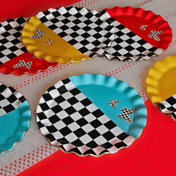 Glore Audra  Altın Yaldızlı Cam Pasta Tabağı Seti - 6
