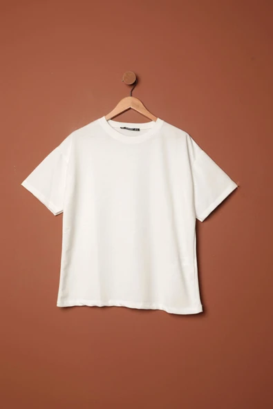 Sıfır Yaka Oversize İki İplik Tişört-Ekru