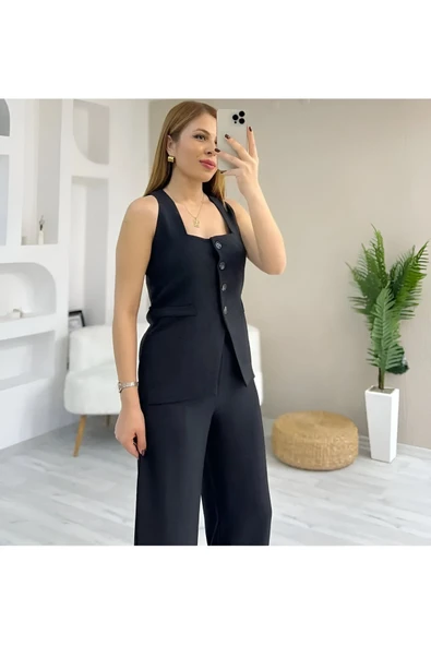 Tıfany Siyah Keten Kumaş Astarlı Yelek Lastikli Yüksek Bel Palazzo Pantolon Takım TIFANY-4342 - 3
