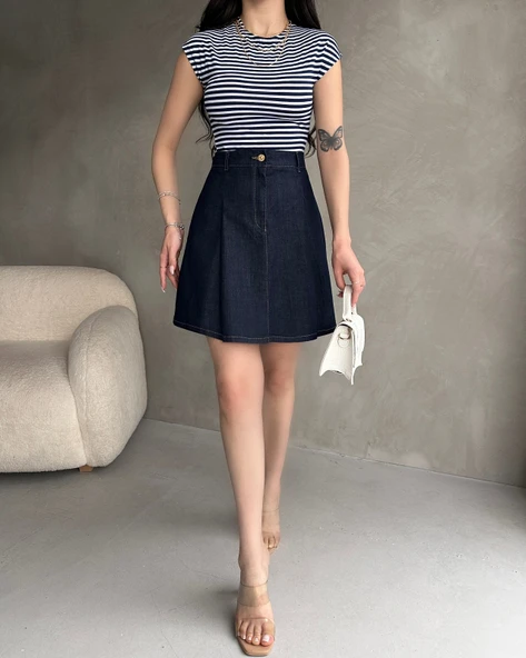 Yüksek Bel Pileli Denim Mini Etek
