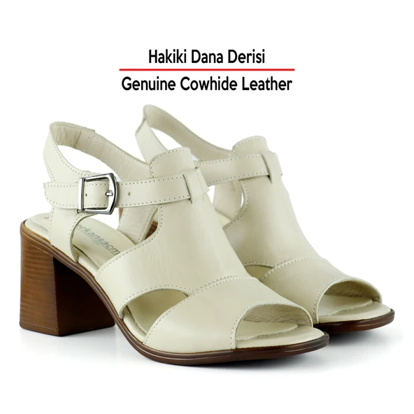 Erkan Saçmacı Svajone Bej Hakiki Deri Kesik Detaylı Tokalı Topuklu Sandalet - 3