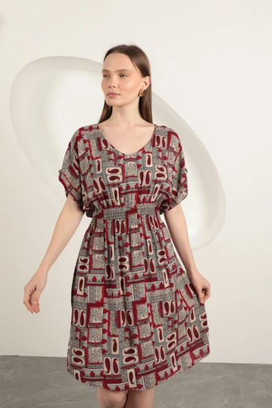 Viskon Kumaş Gipeli Elbise-Bordo - Resim 3