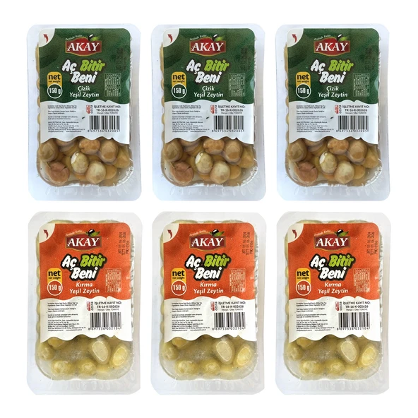 Akay Yeşil Zeytin Kırma ve Çizik Aç Bitir 150 gr 6 lı Karma Paket