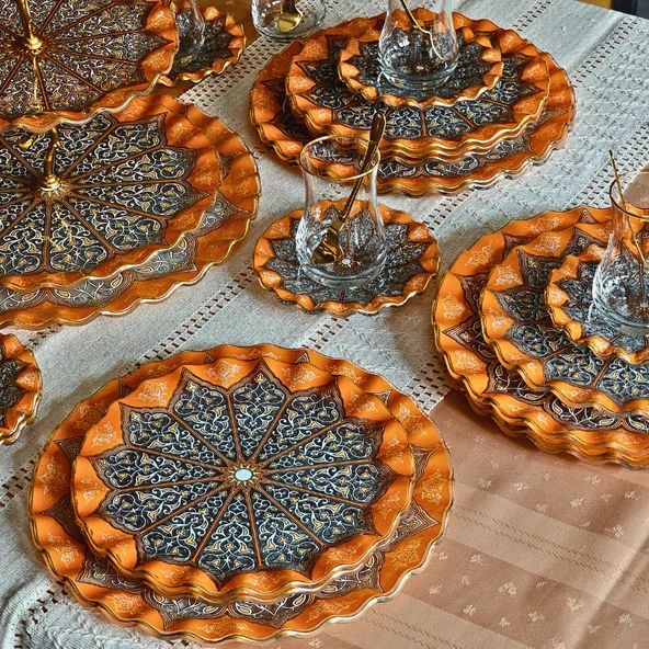 Glore Carpi Şeffaf Altın Yaldızlı 6 Kişilik 32 Parça Pasta Çay İkram Takımı - 8