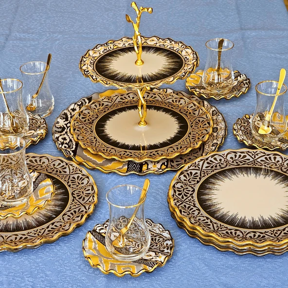 Glore Vintage Altın Yaldızlı Cam 22 Parça Çay İkram Takımı Full Set