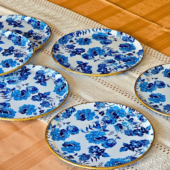 Glore Blue Rose Altın Yaldızlı Cam 6 Kişlik Pasta Tabağı Seti - 3