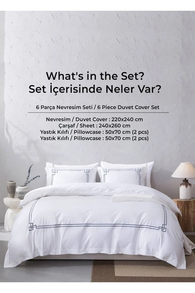 300 Tc King Pamuk Saten Nervürlü Nevresim Takımı Battal Çift Kişilik 6 Parça Krem Kırık Beyaz Stella - 3