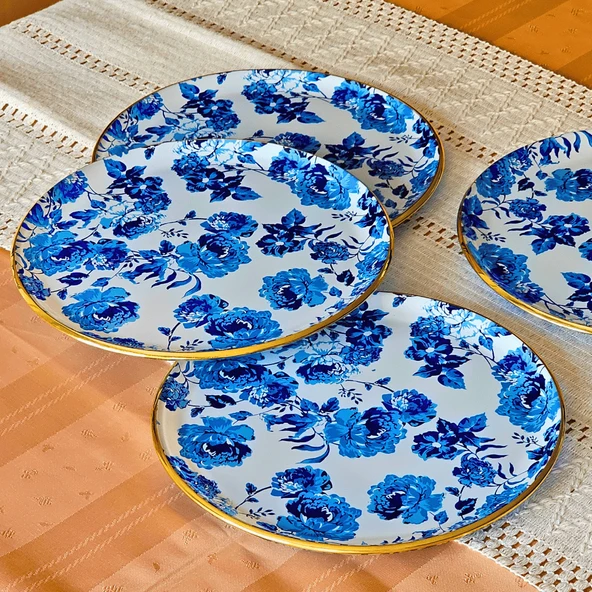 Glore Blue Rose Altın Yaldızlı Cam 6 Kişlik Pasta Tabağı Seti - 5
