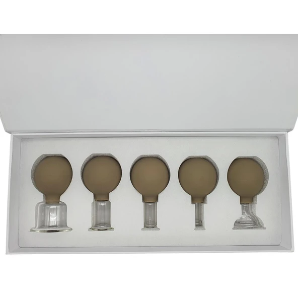 Silikon Vakumlu Cam Yüz Masaj Kupası 5’li Set Bej Renk - Resim 2