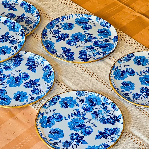 Glore Blue Rose Altın Yaldızlı Cam 6 Kişlik Pasta Tabağı Seti - 4