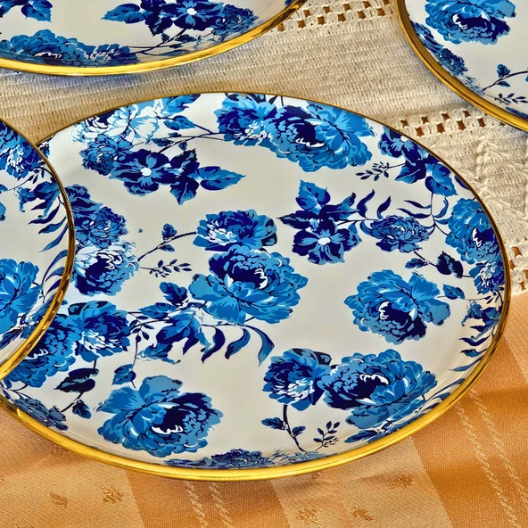 Glore Blue Rose Altın Yaldızlı Cam 6 Kişlik Pasta Tabağı Seti - 7