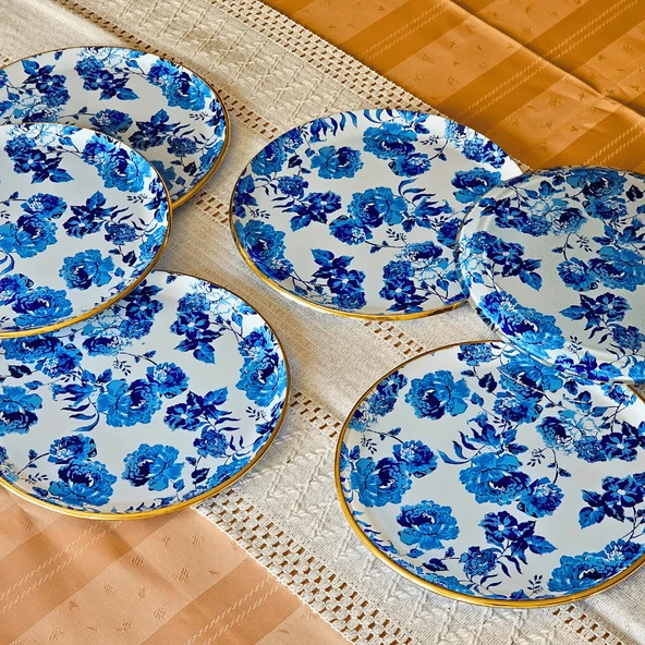 Glore Blue Rose Altın Yaldızlı Cam 6 Kişlik Pasta Tabağı Seti - 6