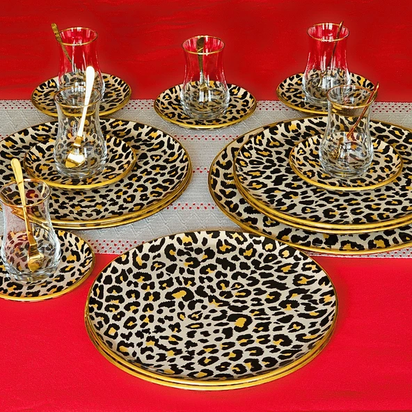Glore Leopar Somon Altın Yaldızlı Cam 19 Parça Çay İkram Takımı - 3